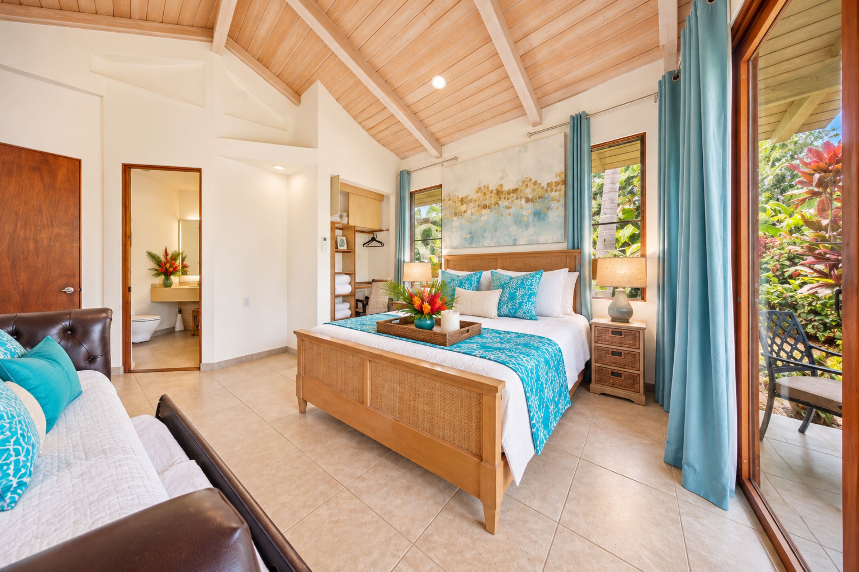 Un dormitorio con una cama grande, techo de madera, baño con inodoro y vistas a zonas verdes.