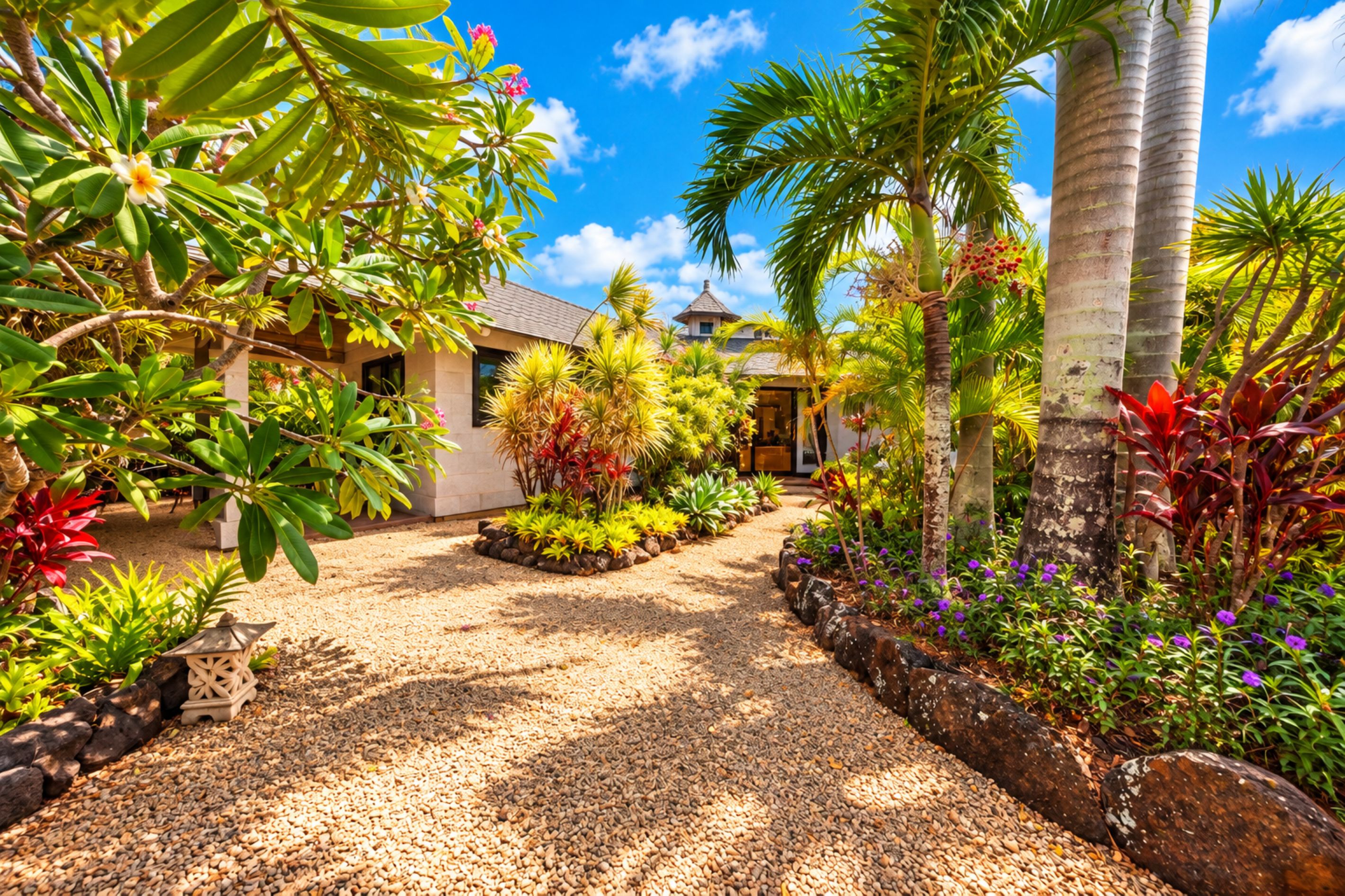 A tropical garden pathway leading to a building with a tiled roof.