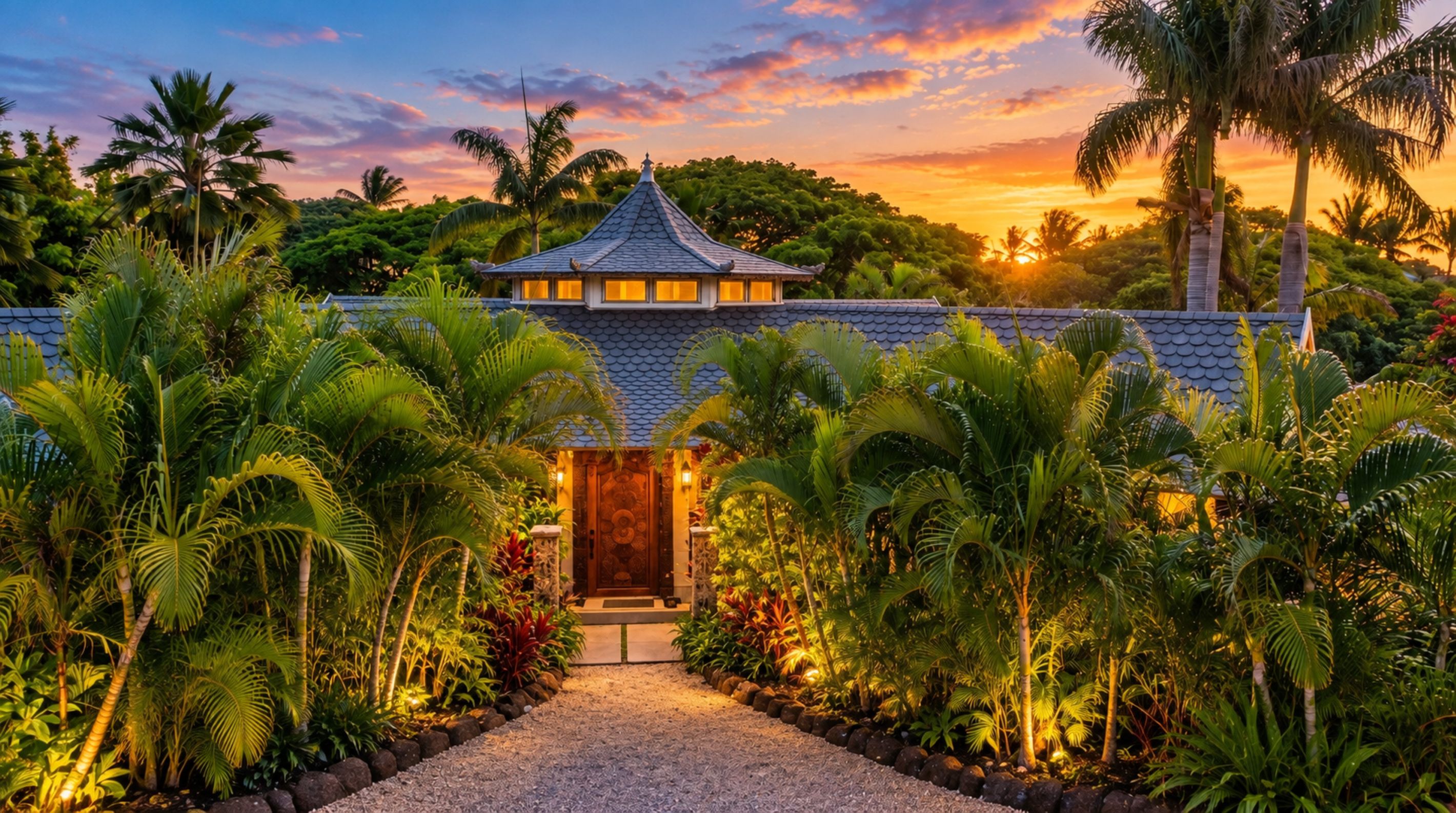 Un bâtiment traditionnel avec un toit en tuiles, entouré d’une végétation tropicale luxuriante.