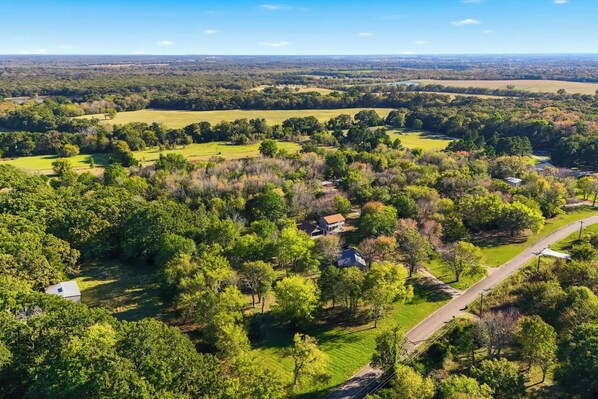 A rural landscape with a house surrounded by dense trees and open fields.