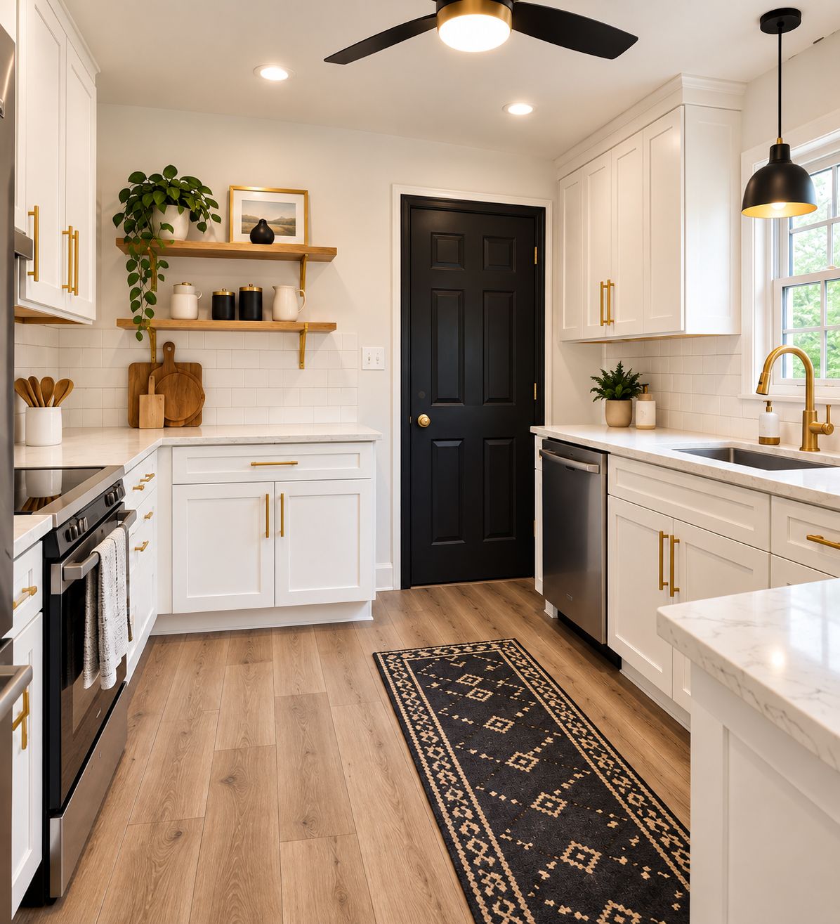 A modern kitchen with white cabinetry, a black door, and a wooden floor.