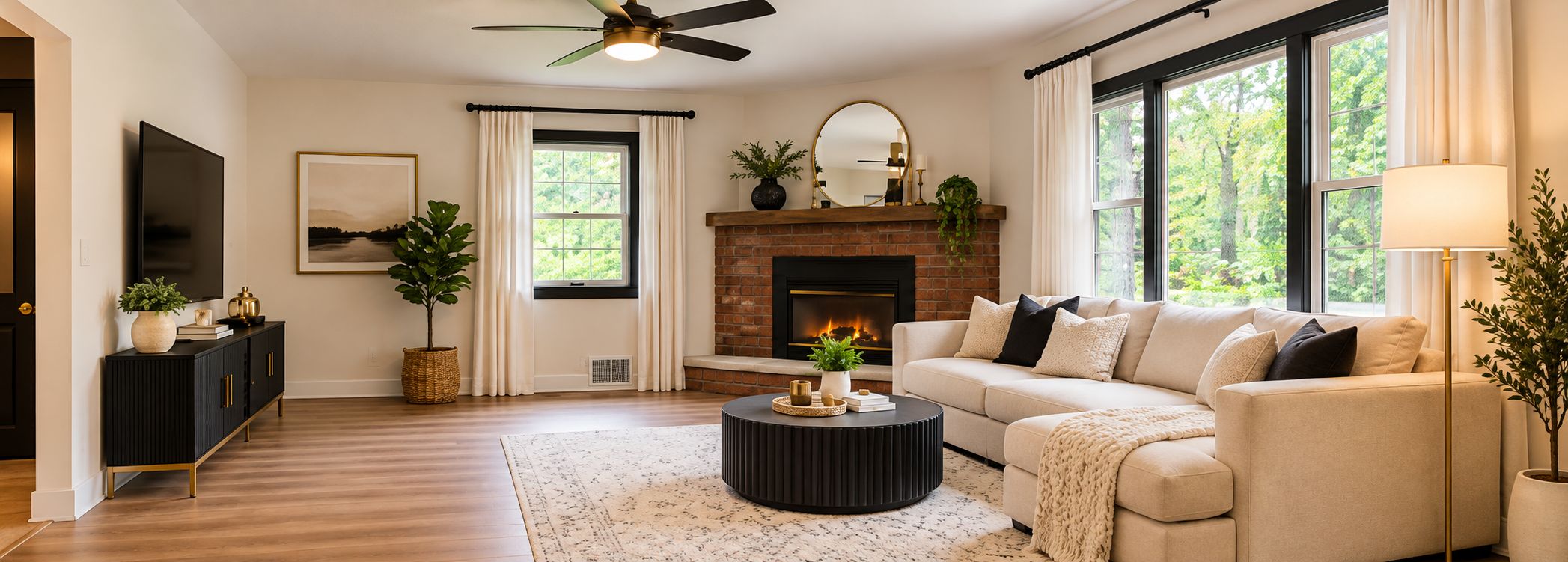 A living room with a fireplace, a sofa, a coffee table, and a TV.