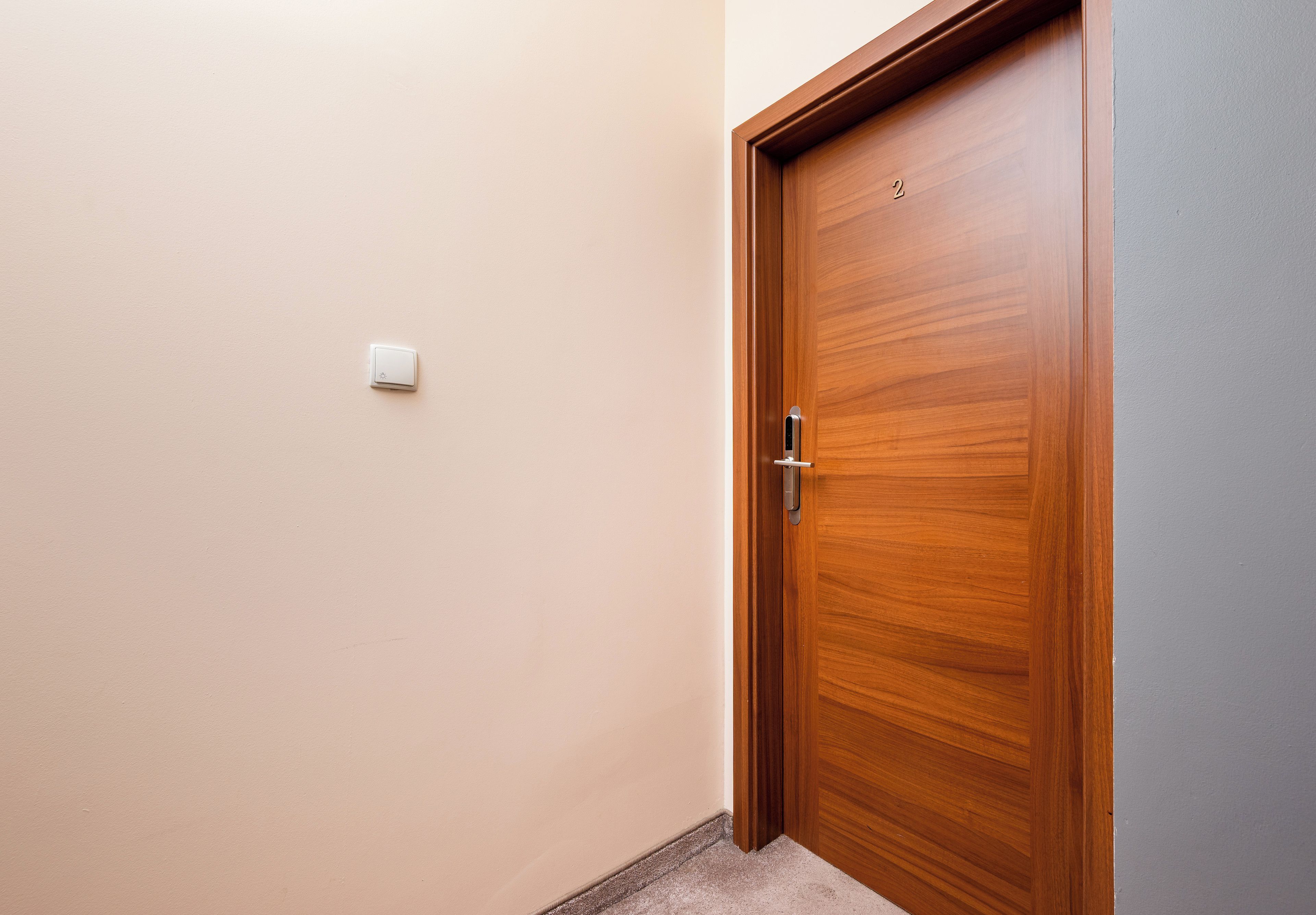 Una puerta de madera con un picaporte y un pequeño interruptor de luz en la pared.