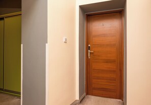 A hallway with a wooden door, a light switch, and a green closet. - Hostel Moderna Rest Room 3 (Katowice)