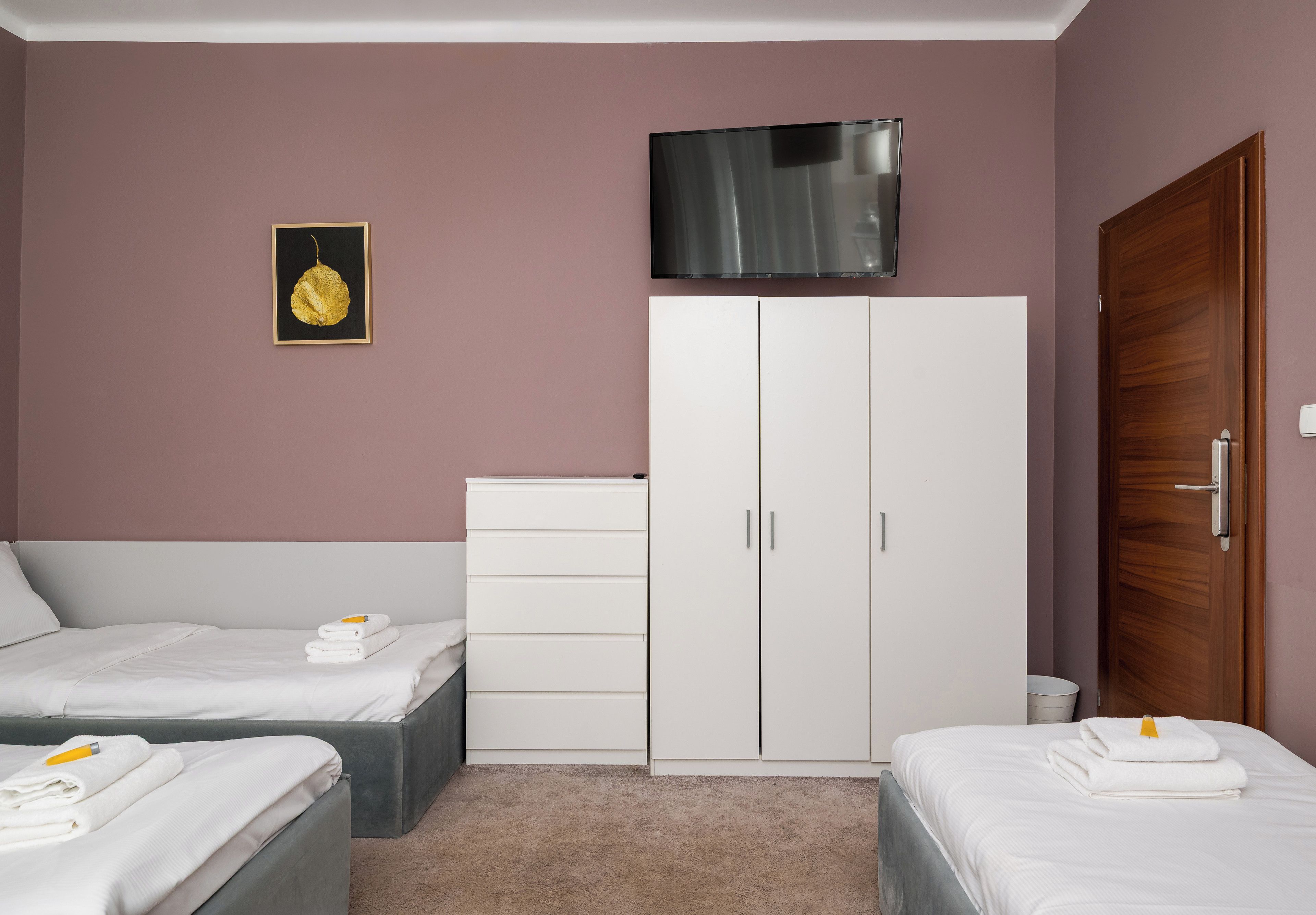 Una camera da letto con due letti, un armadio, una televisione e un quadro appeso al muro.