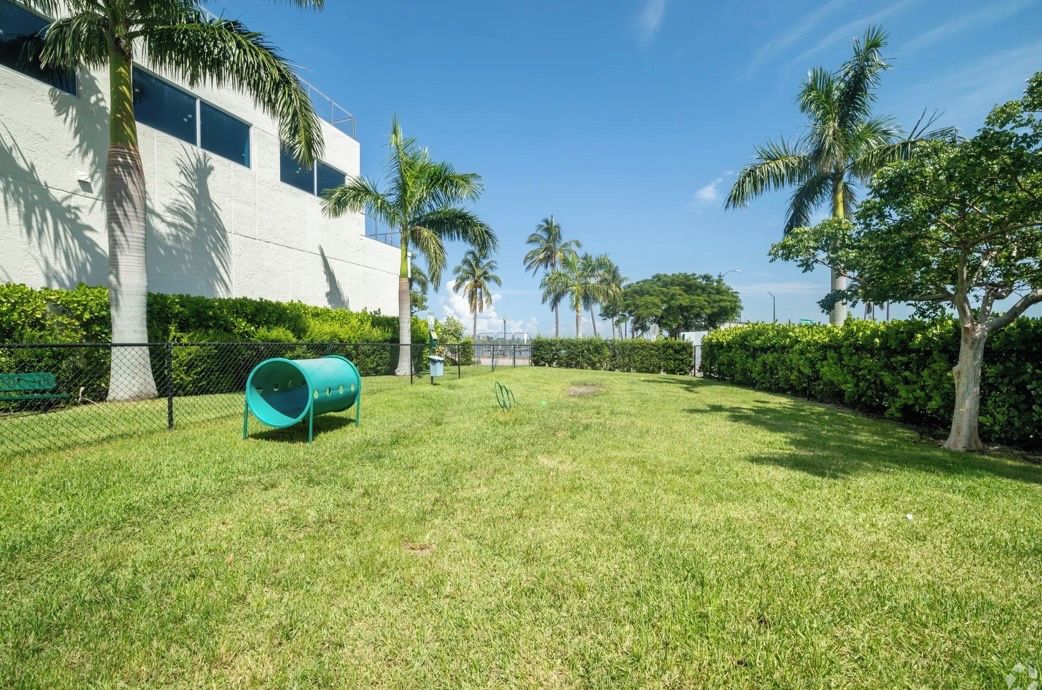 A grassy area with a green slide, palm trees, and a white building in the background.