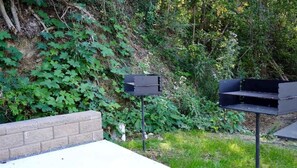 Ein Grill und ein Lautsprecher in einem Garten mit einer Ziegelmauer und üppiger Bepflanzung.