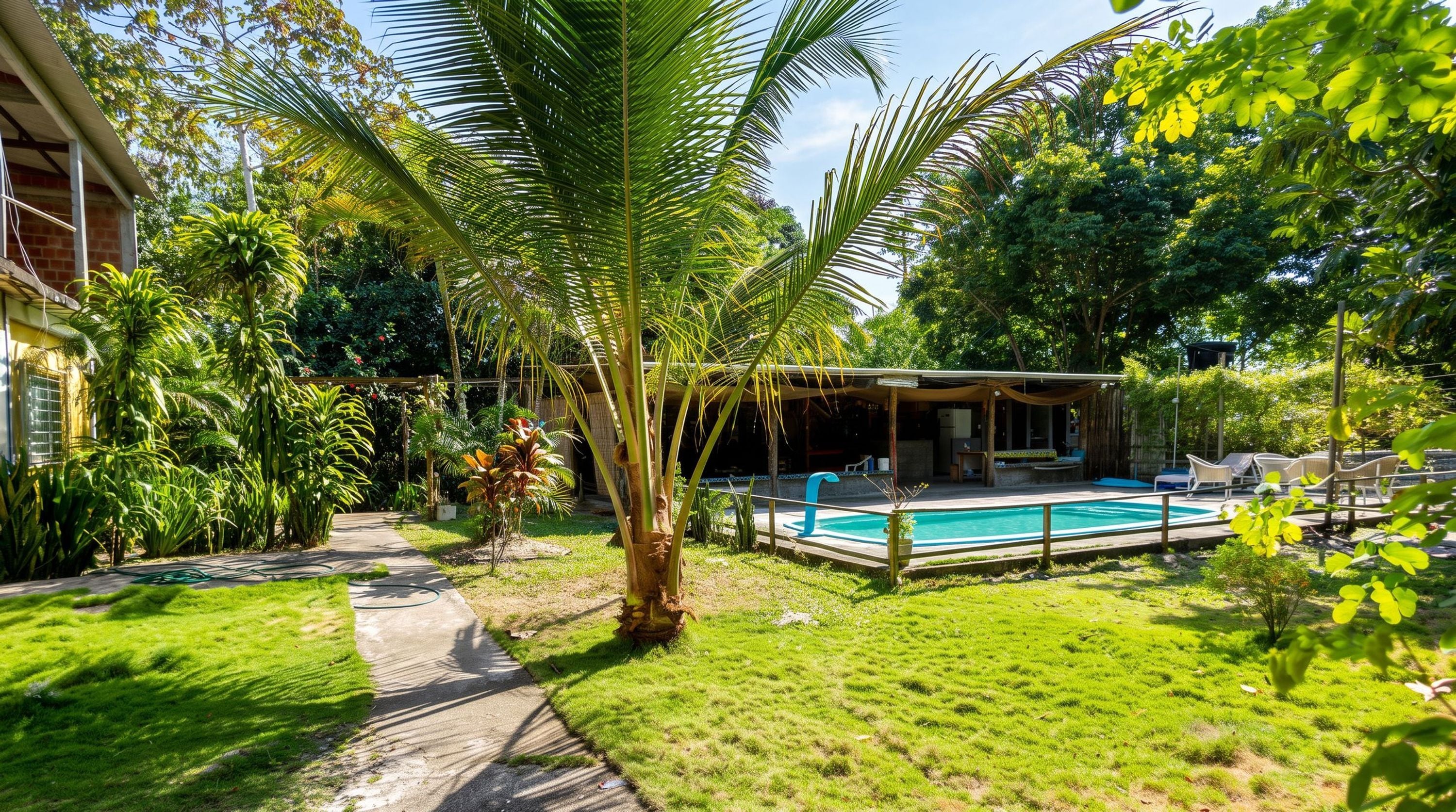 A backyard with a swimming pool, a covered patio, and lush greenery.