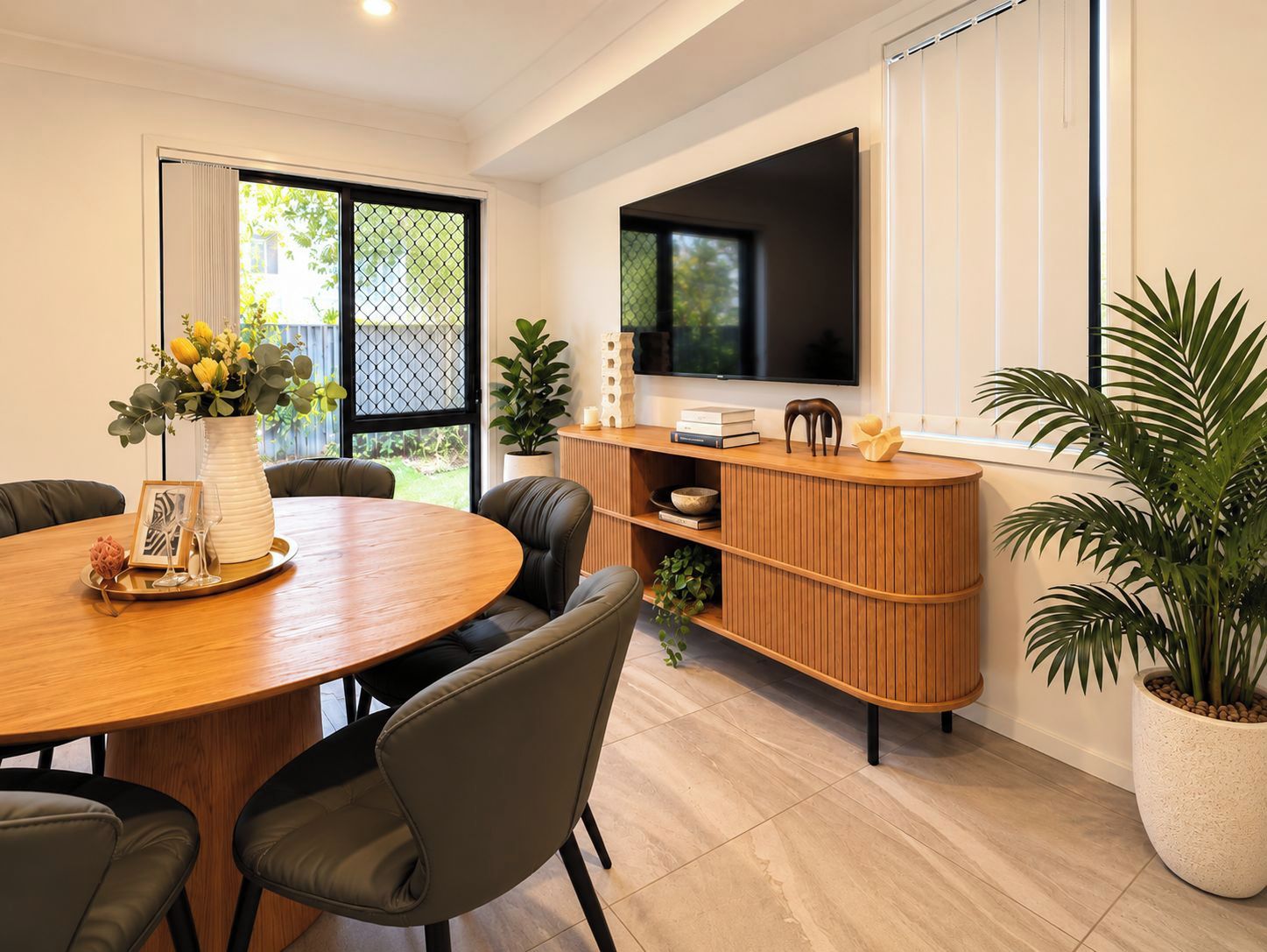 A modern dining area with a round wooden table, leather chairs, a white vase with flowers, and a built-in TV on a wooden cabinet.