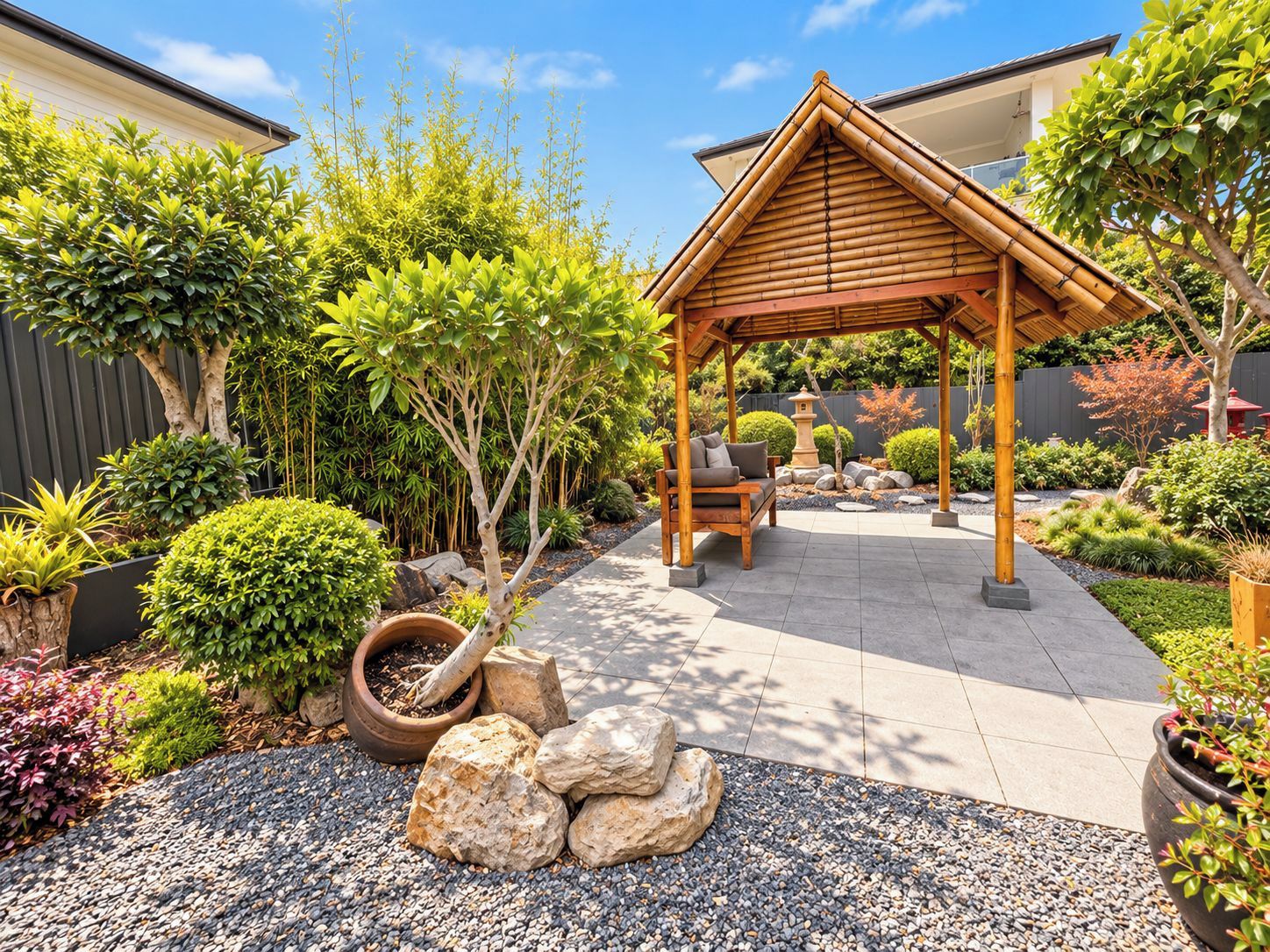 Un jardín con un gazebo de madera, plantas en macetas y un sendero de piedra.