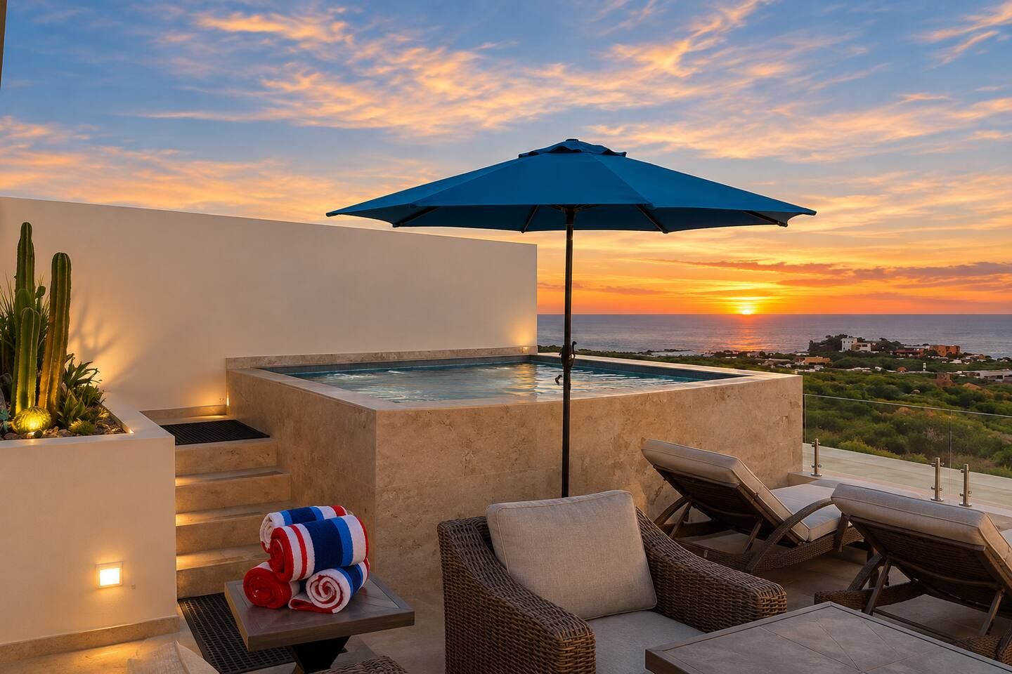 A rooftop terrace with a hot tub, lounge chairs, and an umbrella, overlooking a sunset view.