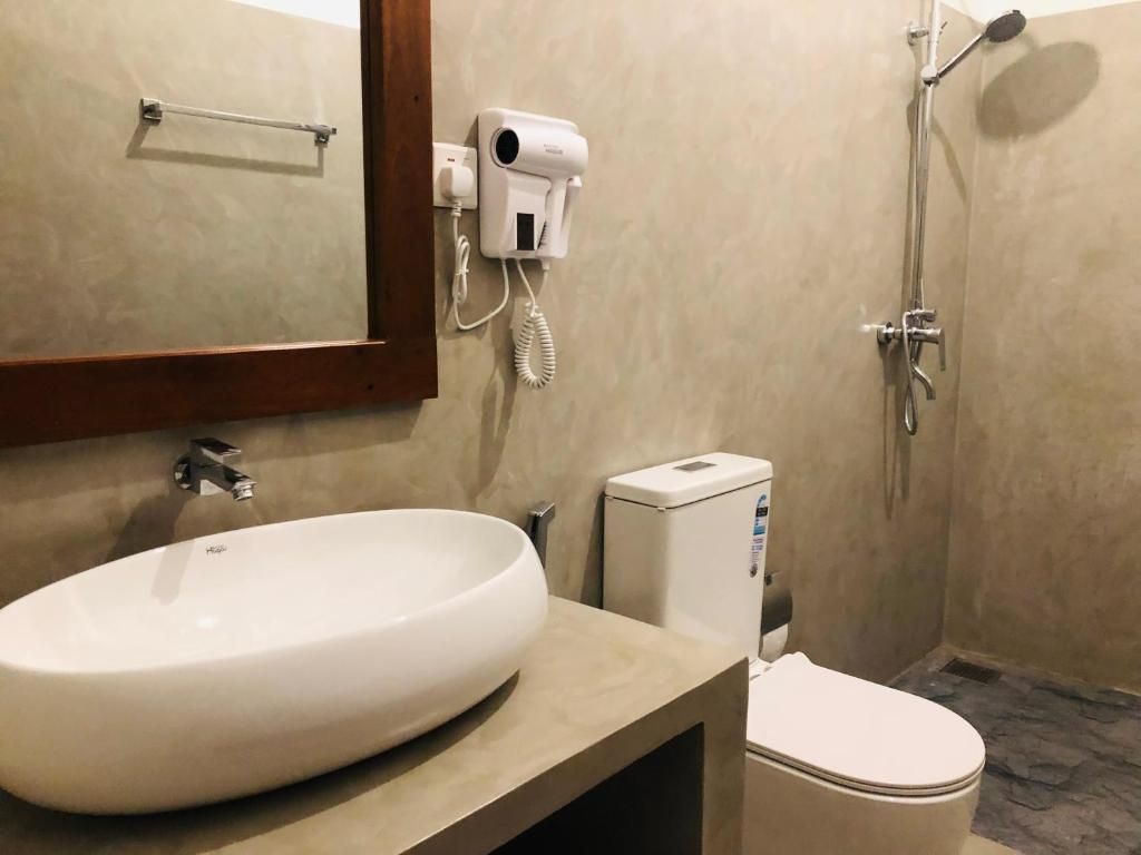 Un bagno con un lavandino ovale grande, un WC, un asciugacapelli portatile e una doccia.