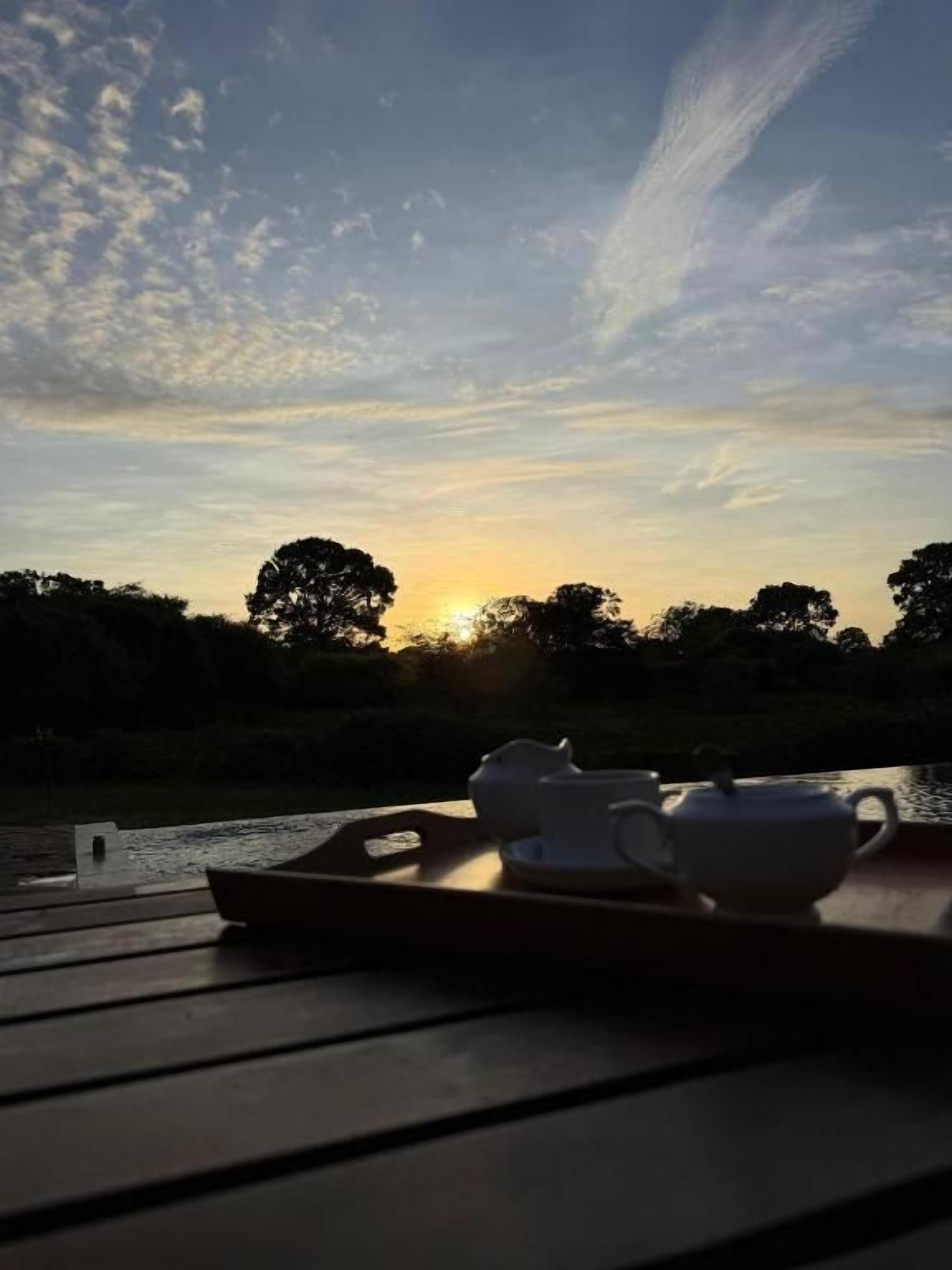 A wooden table with a tray holding two white cups and a teapot, set against a sunset backdrop with trees and a clear sky.