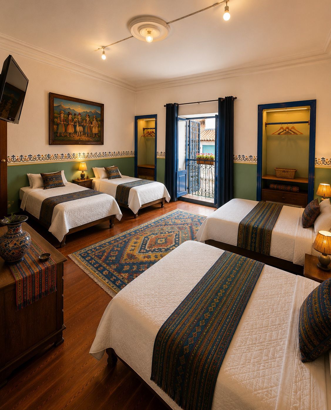 Habitación de hotel con tres camas, un televisor, un cuadro y un balcón con vistas.