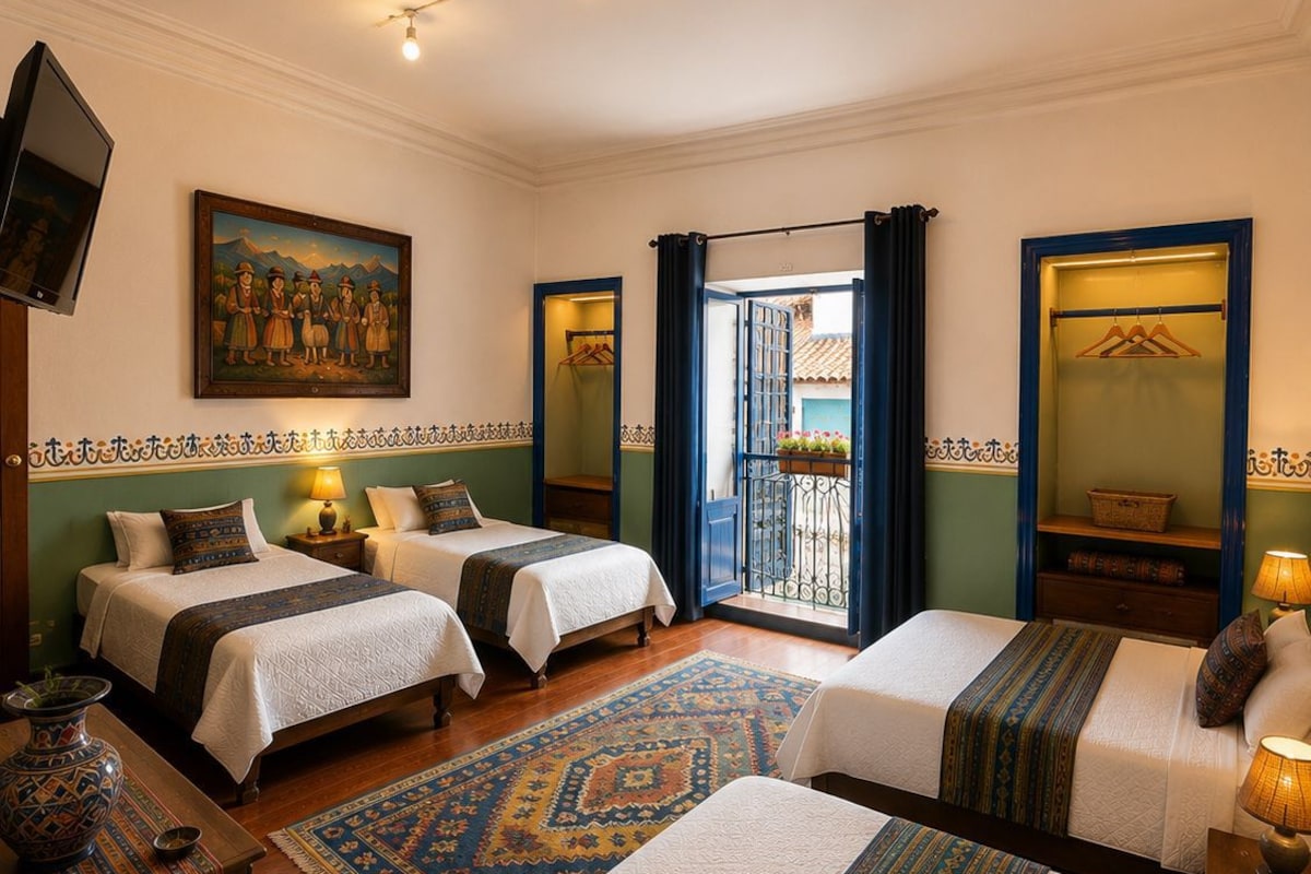 A hotel room with three beds, a television, a painting, and a balcony with a view.