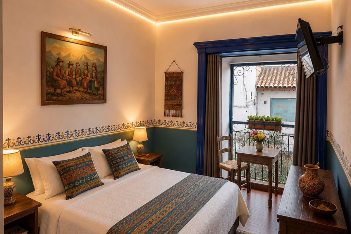 A well-lit bedroom with a large bed, a painting, a hanging tapestry, and a view of the outside balcony.