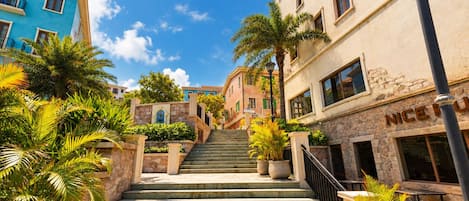 A set of outdoor stairs leading up to a building with a stone wall and palm trees on either side.