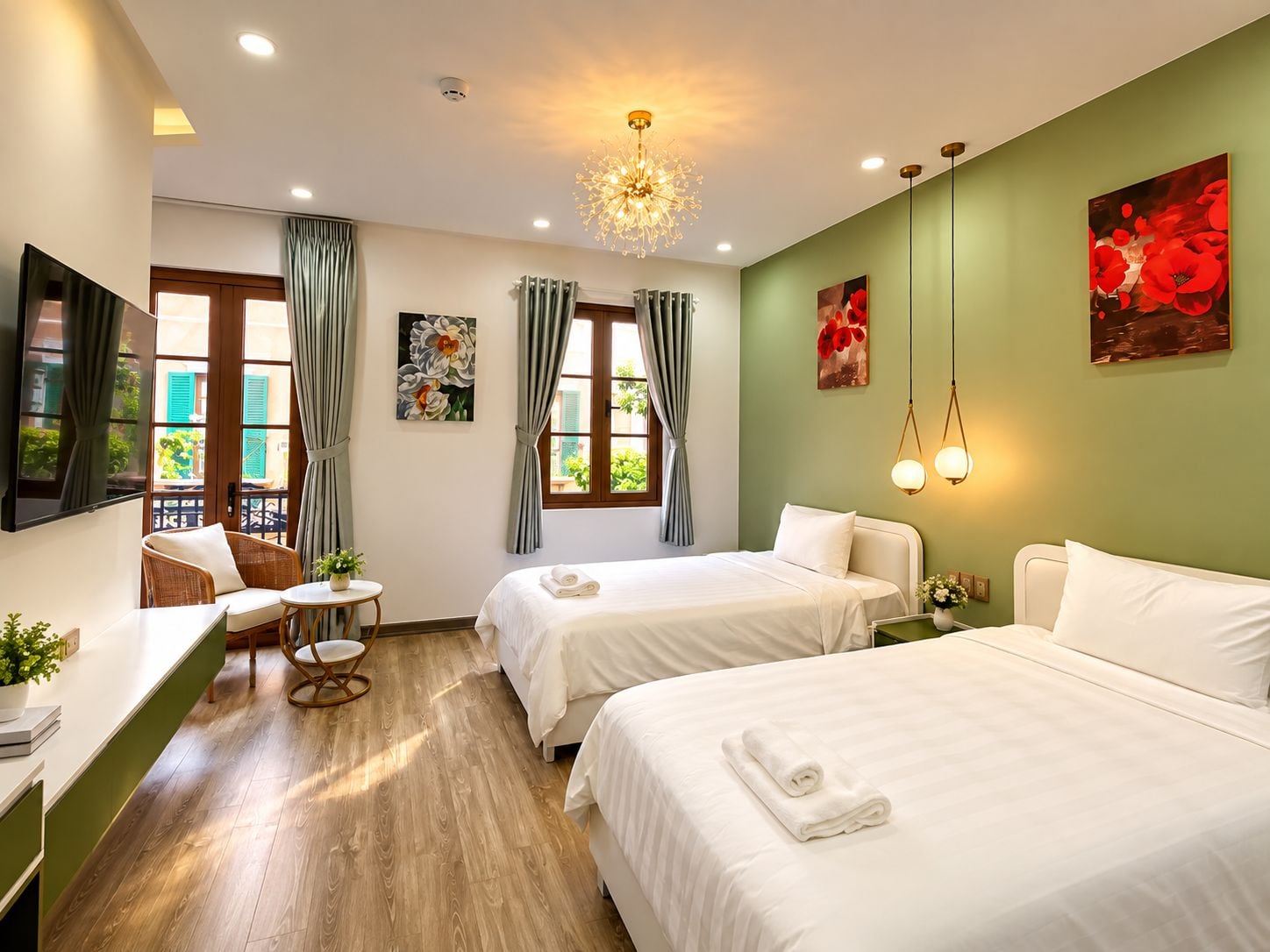 A hotel room with two beds, a desk with a chair, a small table with a plant, and a view of greenery outside.
