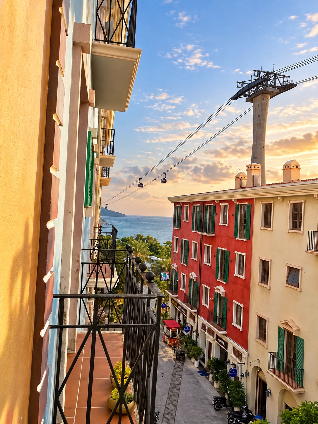 Una calle estrecha flanqueada por edificios, con una línea de teleférico visible y una vista despejada del mar al fondo.