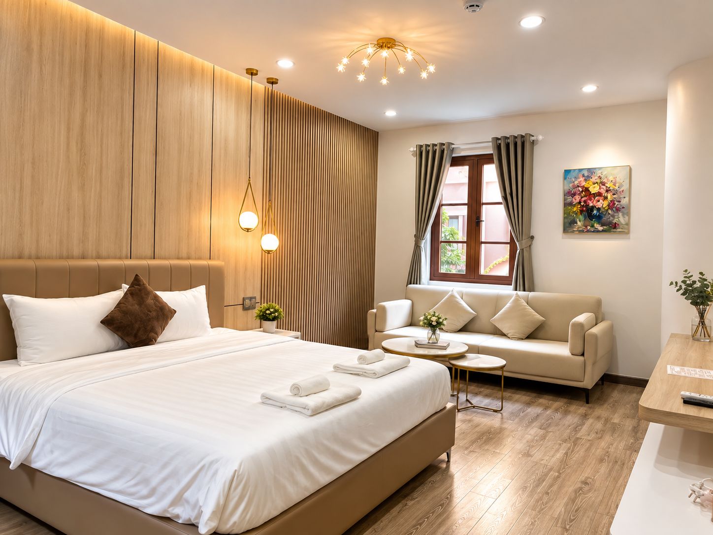 Une chambre d’hôtel moderne avec un grand lit, un canapé, une petite table et une fenêtre avec des rideaux.