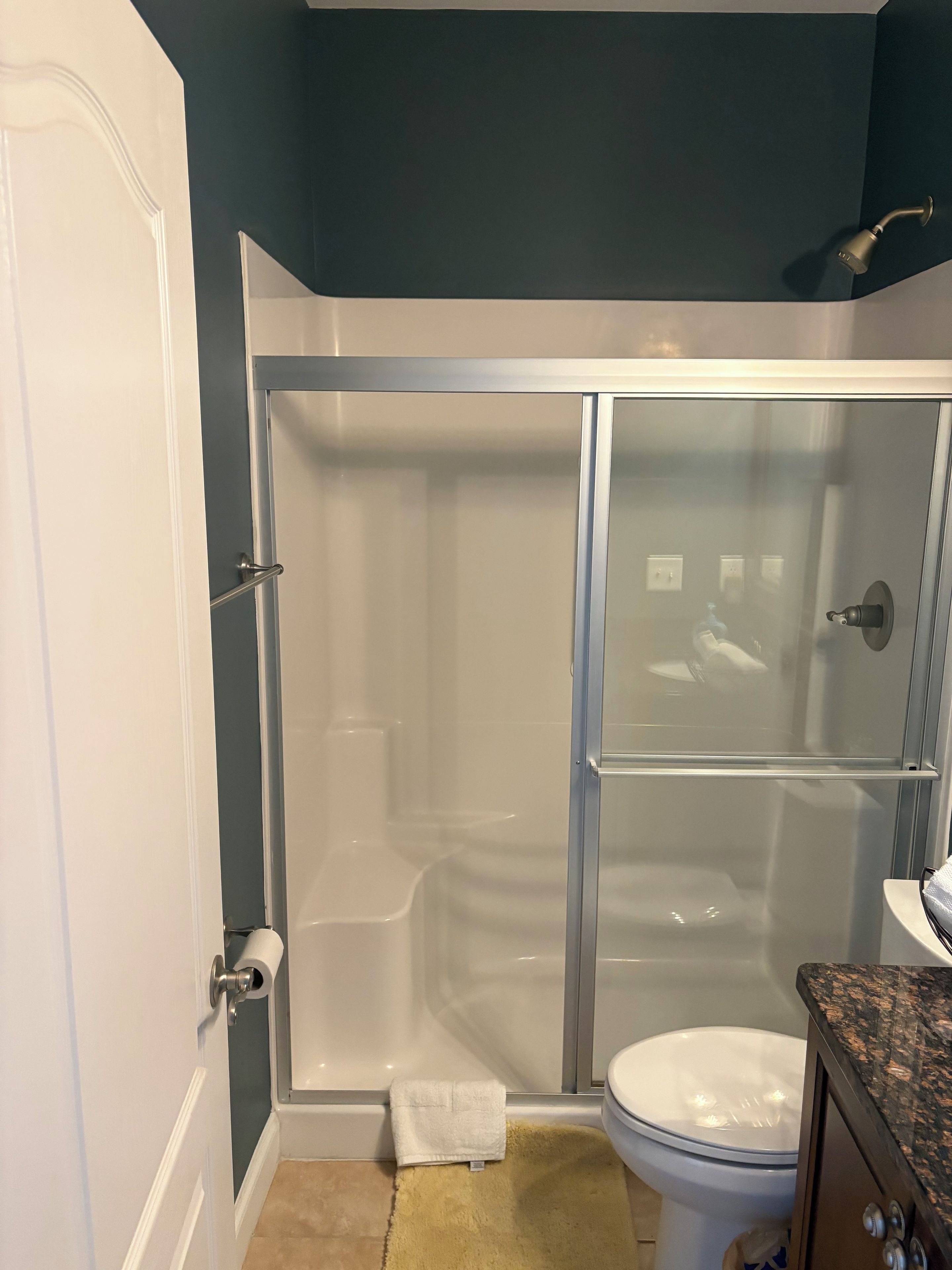 A bathroom with a glass-enclosed shower, a white toilet, and a granite countertop.