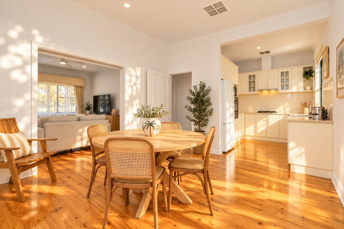 Une cuisine moderne avec des meubles blancs, un coin repas avec une table et des chaises en bois, et un salon avec un canapé et un téléviseur.