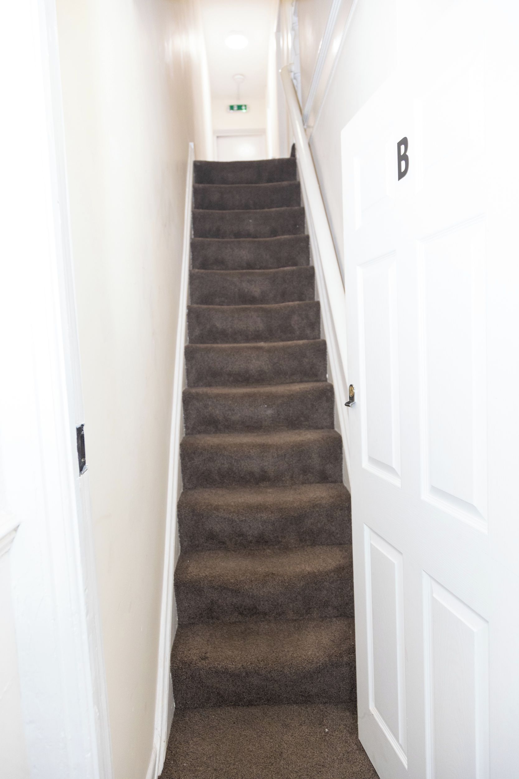 A carpeted staircase leading to a white door marked with a 'B'.