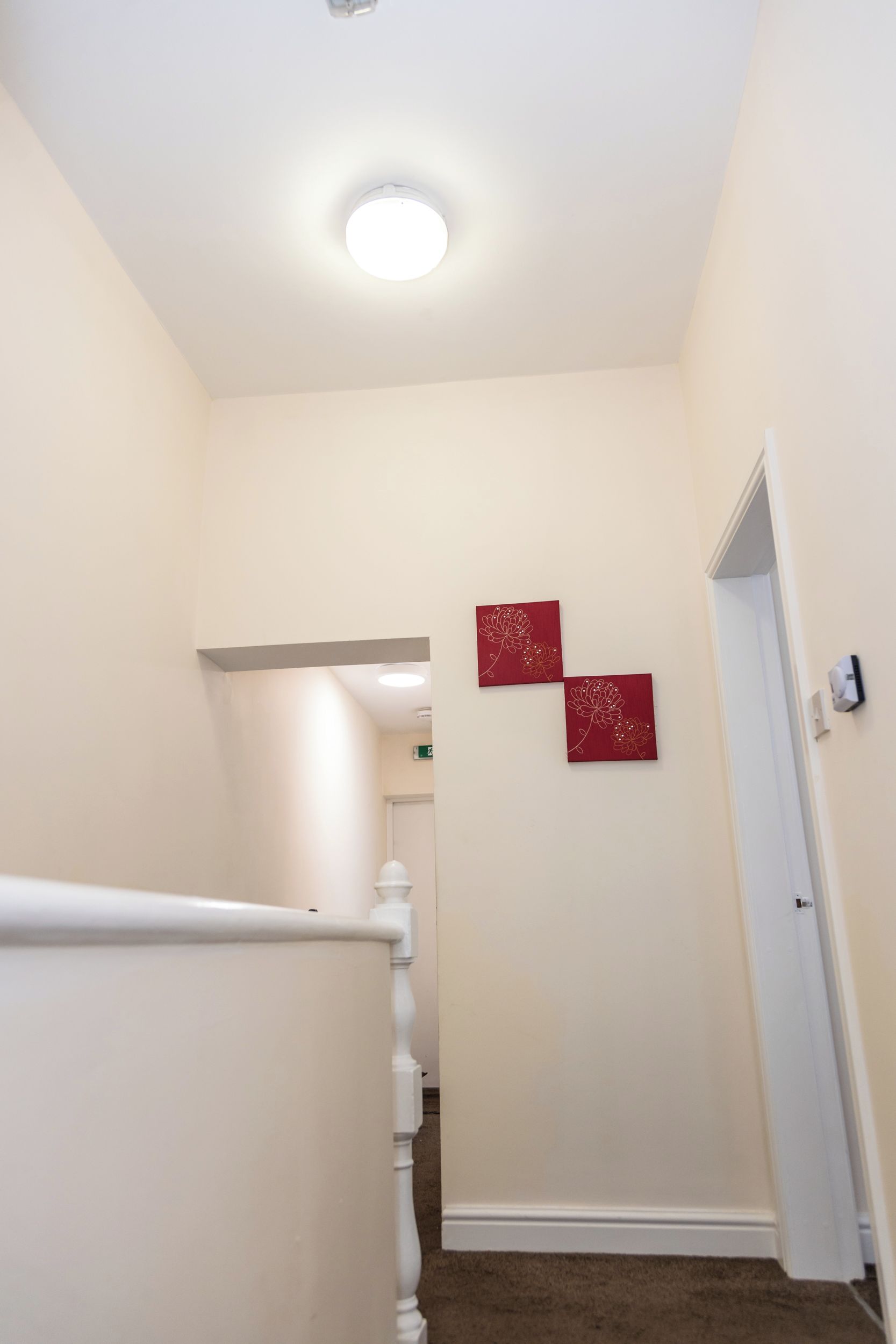 A hallway with a white railing, a door at the end, and two red wall decorations.