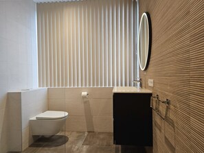 A modern bathroom with a toilet, sink, and mirror. - Holiday Home in Domburg With Swimming Pool (Domburg)