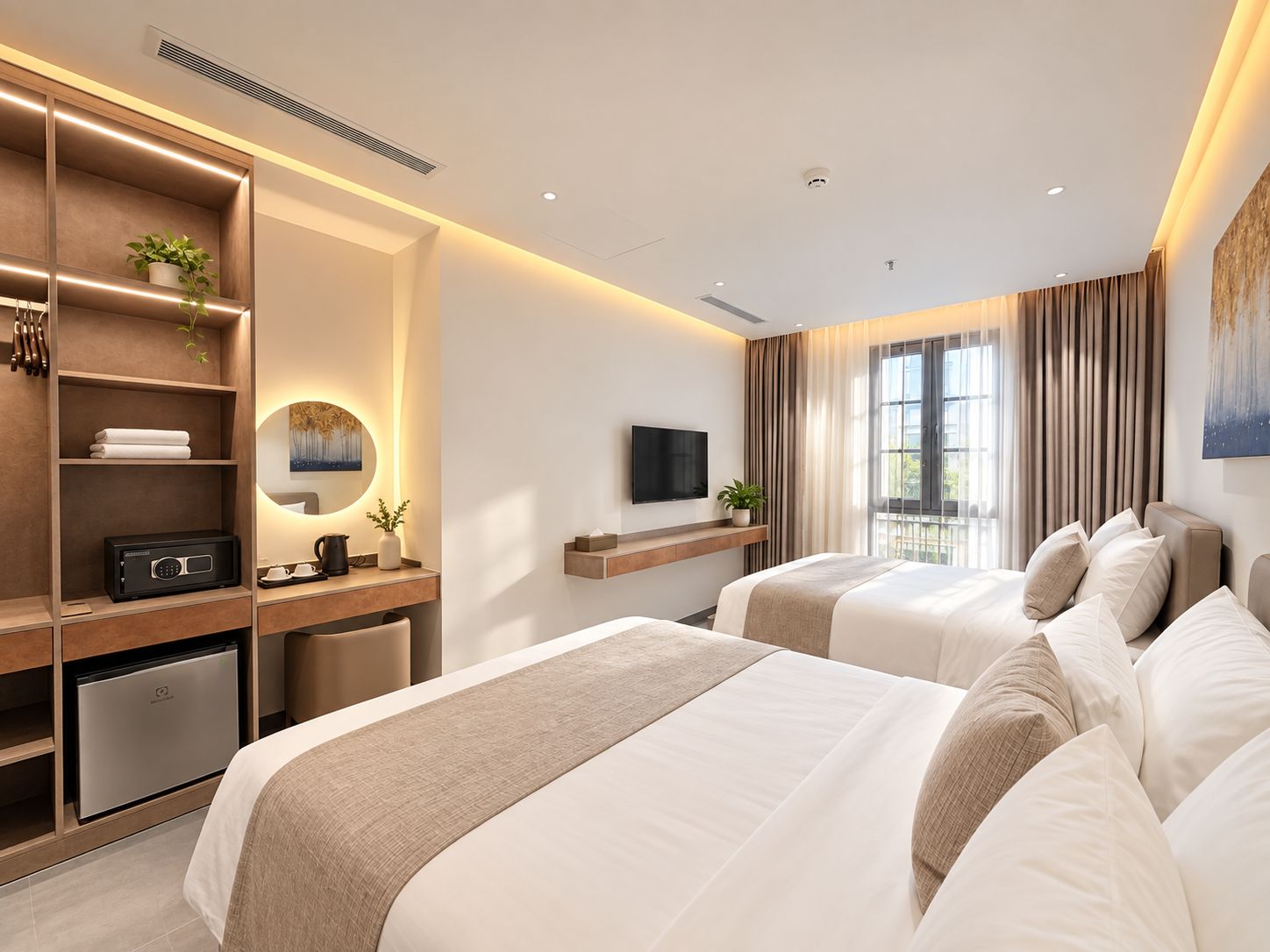Una habitación de hotel moderna con cama, mesitas de noche, televisión y ventana con cortinas.