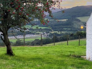 A rural landscape with a tree in the foreground, a fence, and a village in the background. - Achtuie Cottage by Interhome (Drumnadrochit)