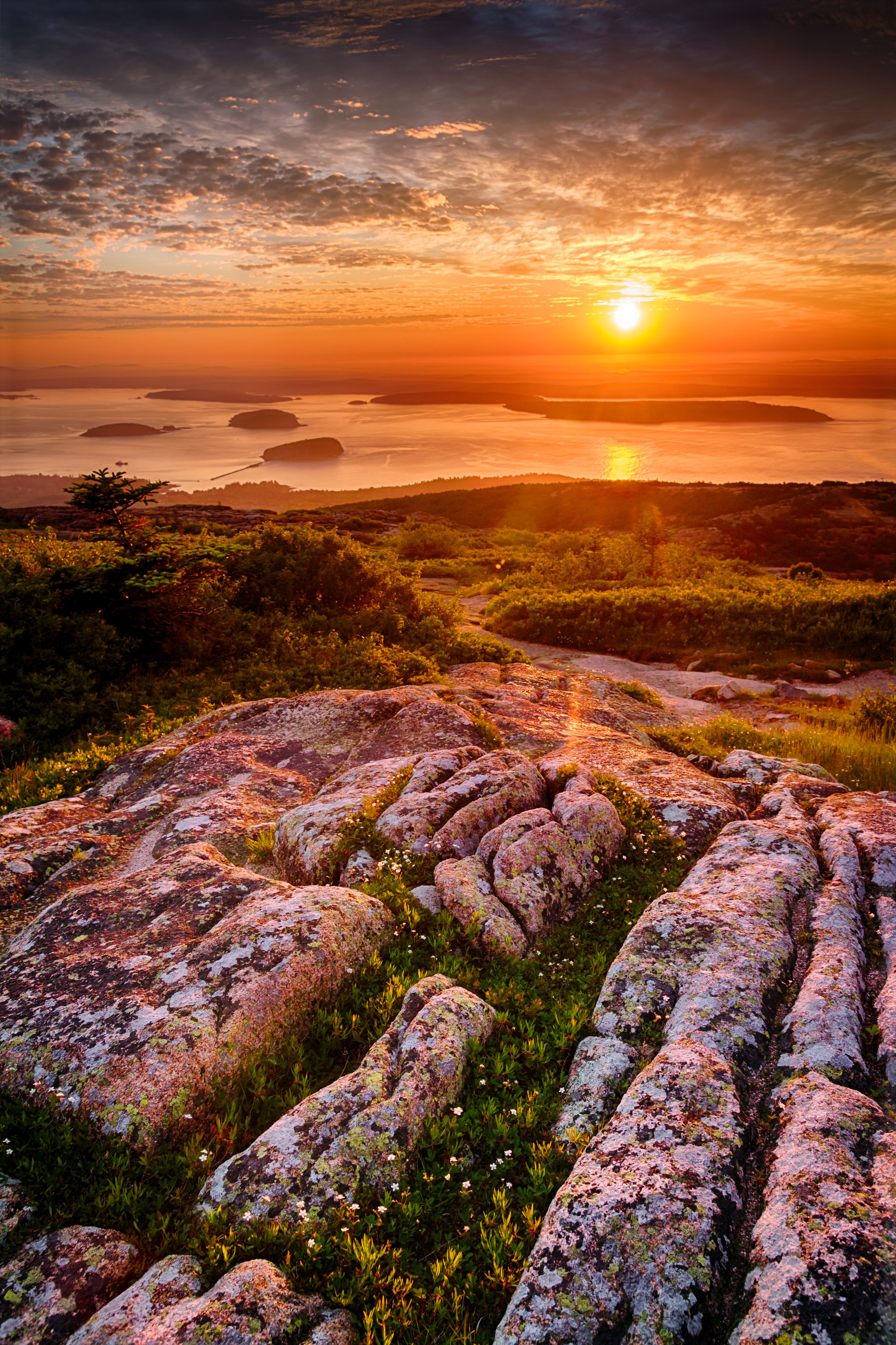 A landscape with large rocks, greenery, and a sunset over water.