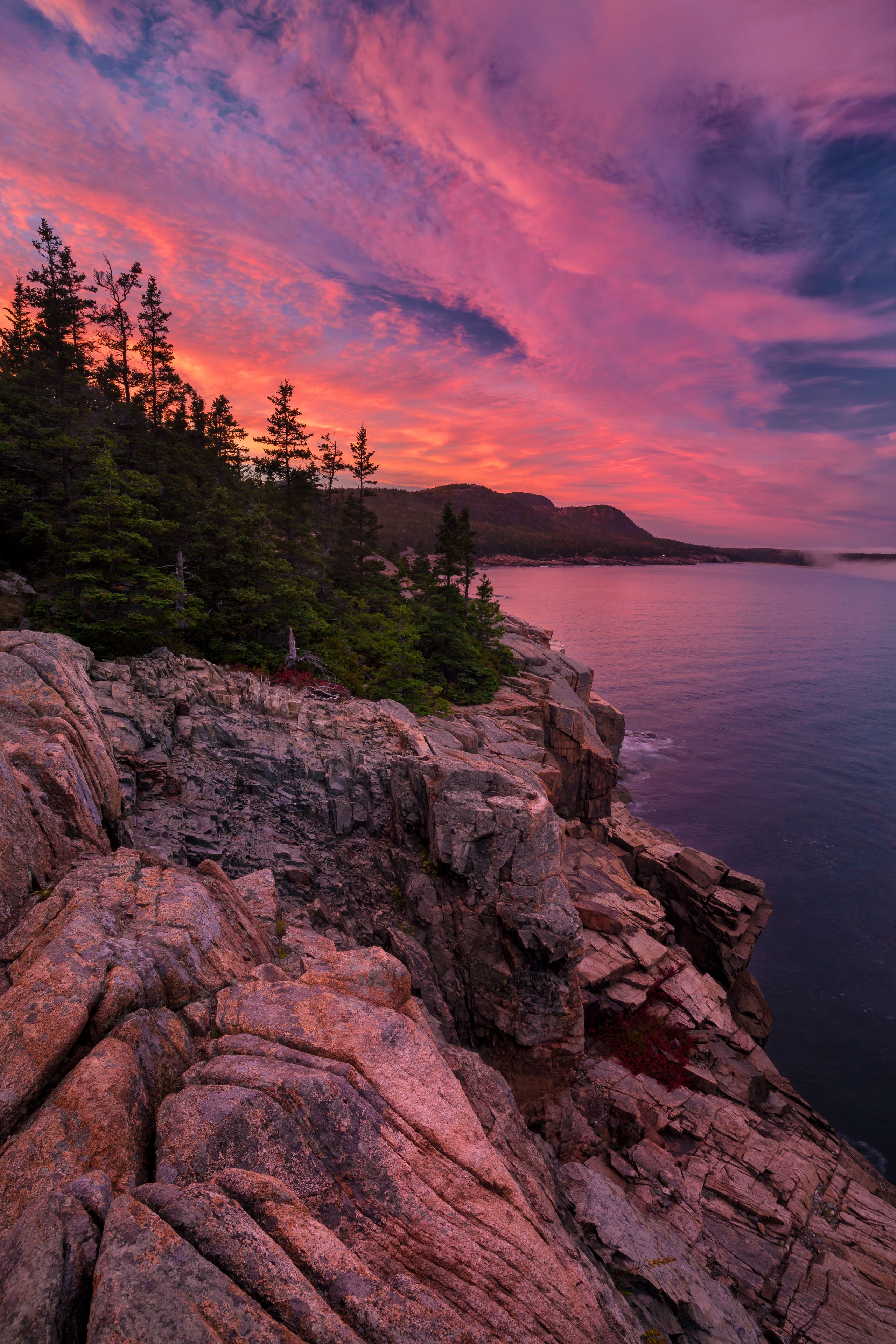 A rocky coastline with trees and a sunset sky.