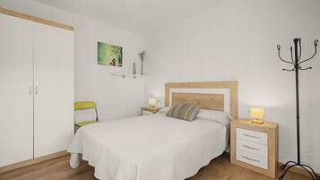 Un dormitorio con cama, mesita de noche, silla, perchero y armario.
