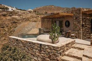 Ein Außenbereich mit Steinmauern, einem Pool, einer Kakteenpflanze und einer Sitzgelegenheit mit Tisch und Stühlen.