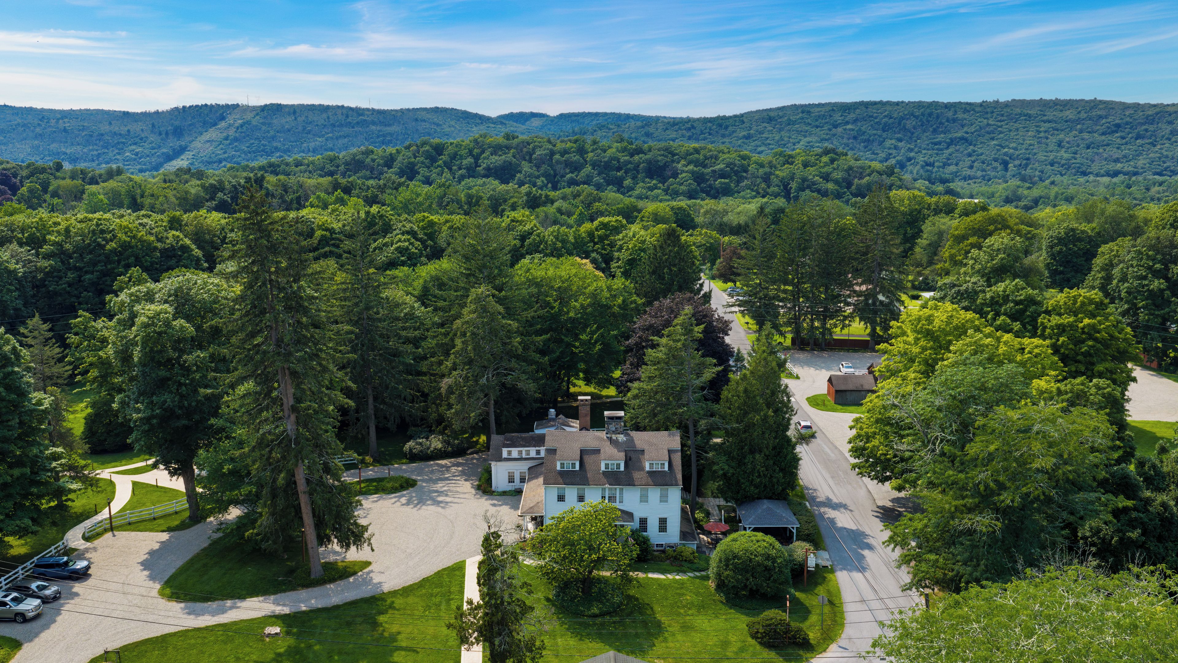 A large house surrounded by a forested area with a driveway leading to the entrance.