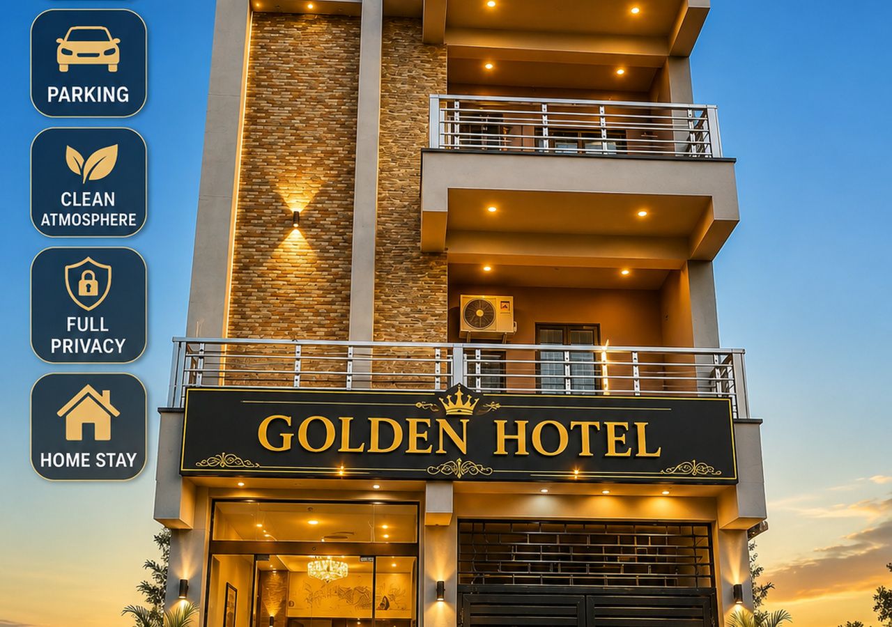 A hotel with a sign reading 'GOLDEN HOTEL' and icons indicating parking, clean atmosphere, full privacy, and home stay options.