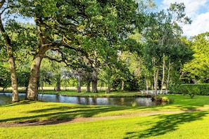 Un parque con un estanque, árboles y un banco blanco.