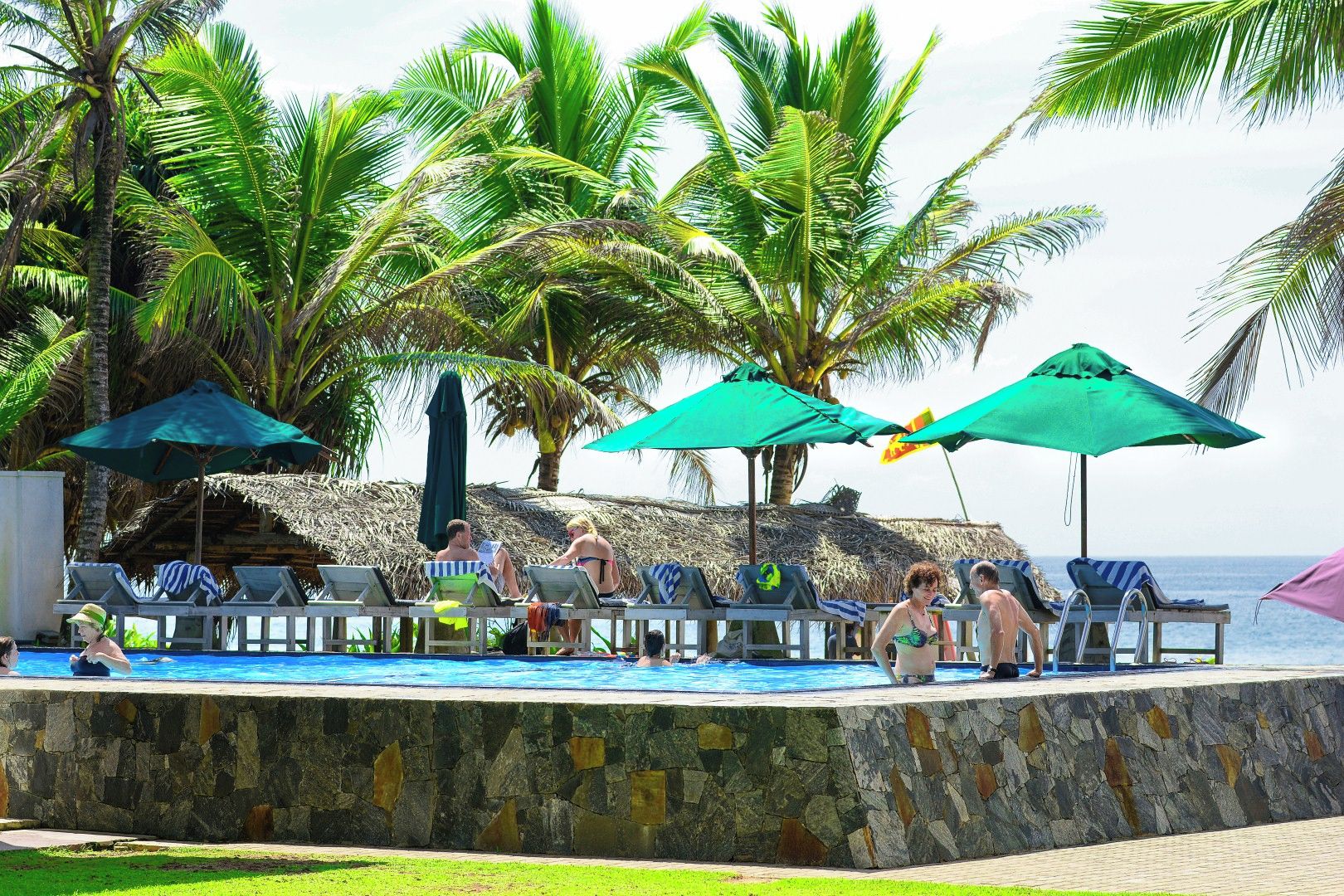 Un área de piscina con sillas de descanso y sombrillas, rodeada de palmeras.