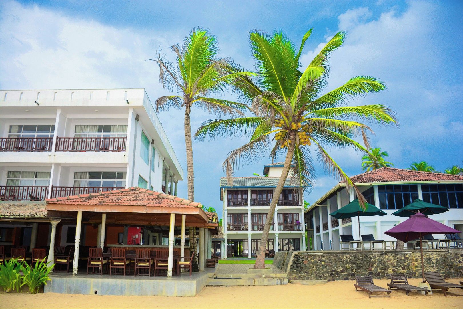 Un hotel frente a la playa con edificios de varios pisos, una zona de estar cubierta y una playa de arena con sillones de descanso.