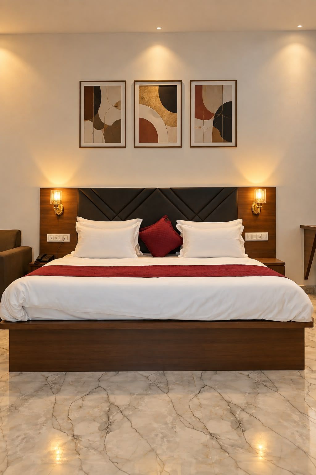 Una habitación de hotel con una cama grande, dos lámparas fijadas a la pared y arte abstracto sobre la cama.