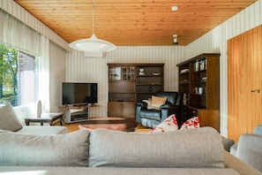 A living room with a sofa, a television, a fireplace, and a bookshelf. - River View Family Home By Lapland Host (Rovaniemi)