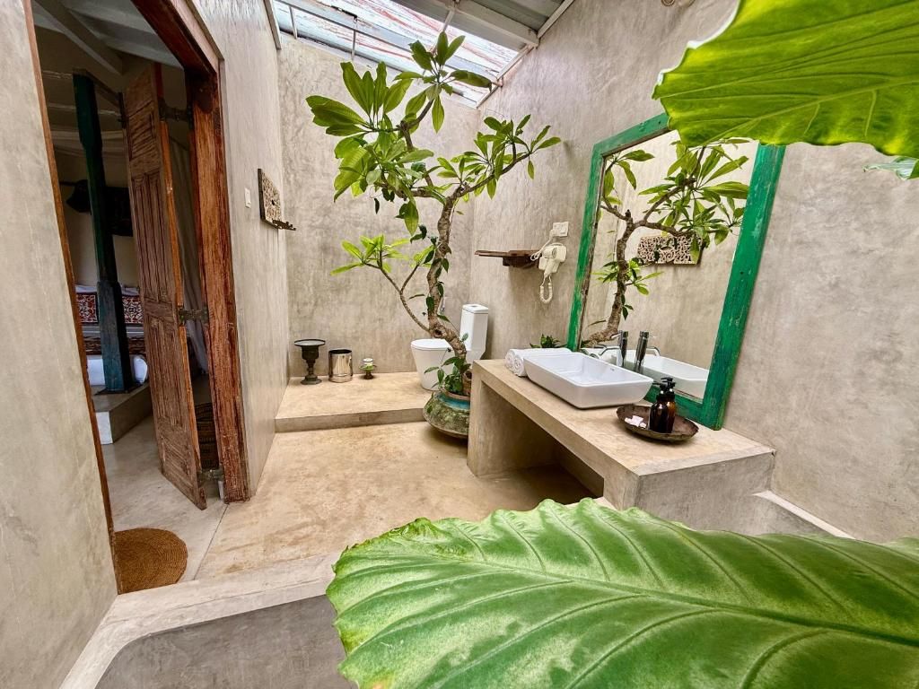 Een badkamer met een wastafel, spiegel en planten.