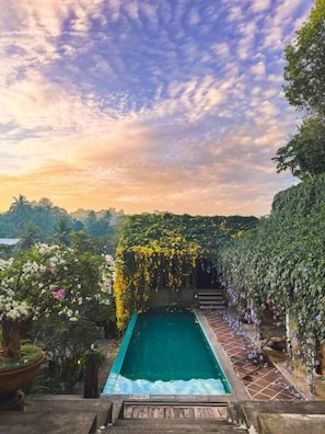Piscina con vistas a un jardín y árboles.