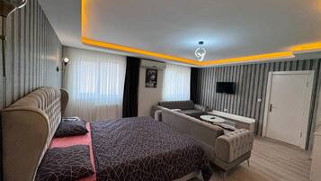 Un dormitorio moderno con cama, sofá y televisor.