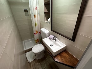 A bathroom with a toilet, sink, and shower. - Petra With Private Pool (Rab)