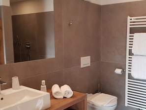 Ein modernes Badezimmer mit Waschbecken, Spiegel, Handtuchhalter und Toilette.