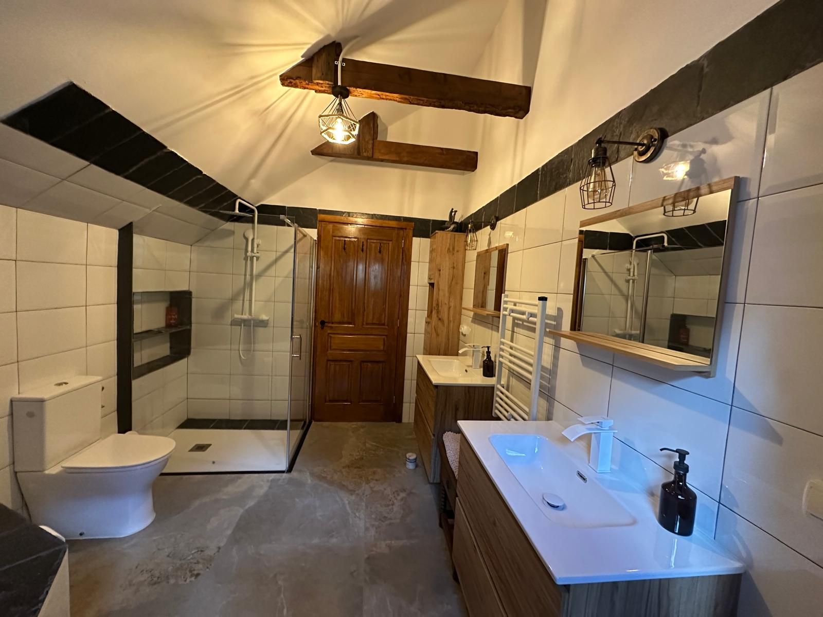 Un baño moderno con ducha, inodoro y tocador.