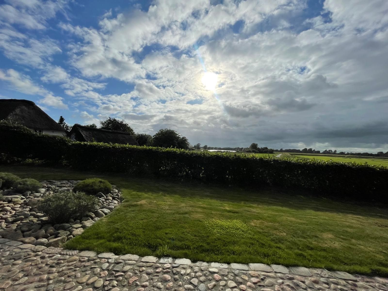 A rural landscape with a stone pathway leading to a grassy area, surrounded by hedges and a thatched-roof building.