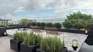 Une terrasse sur le toit, aménagée avec des sièges, des jardinières et offrant une vue sur la mer.
